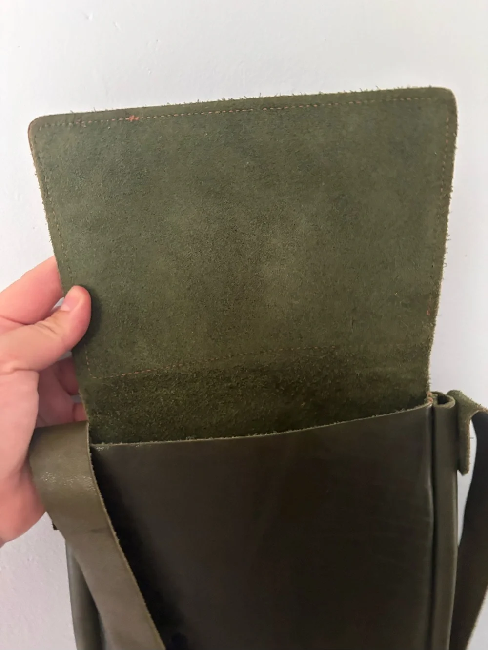 Leather Flap Crossbody Bag in Olive Green and Cognac
